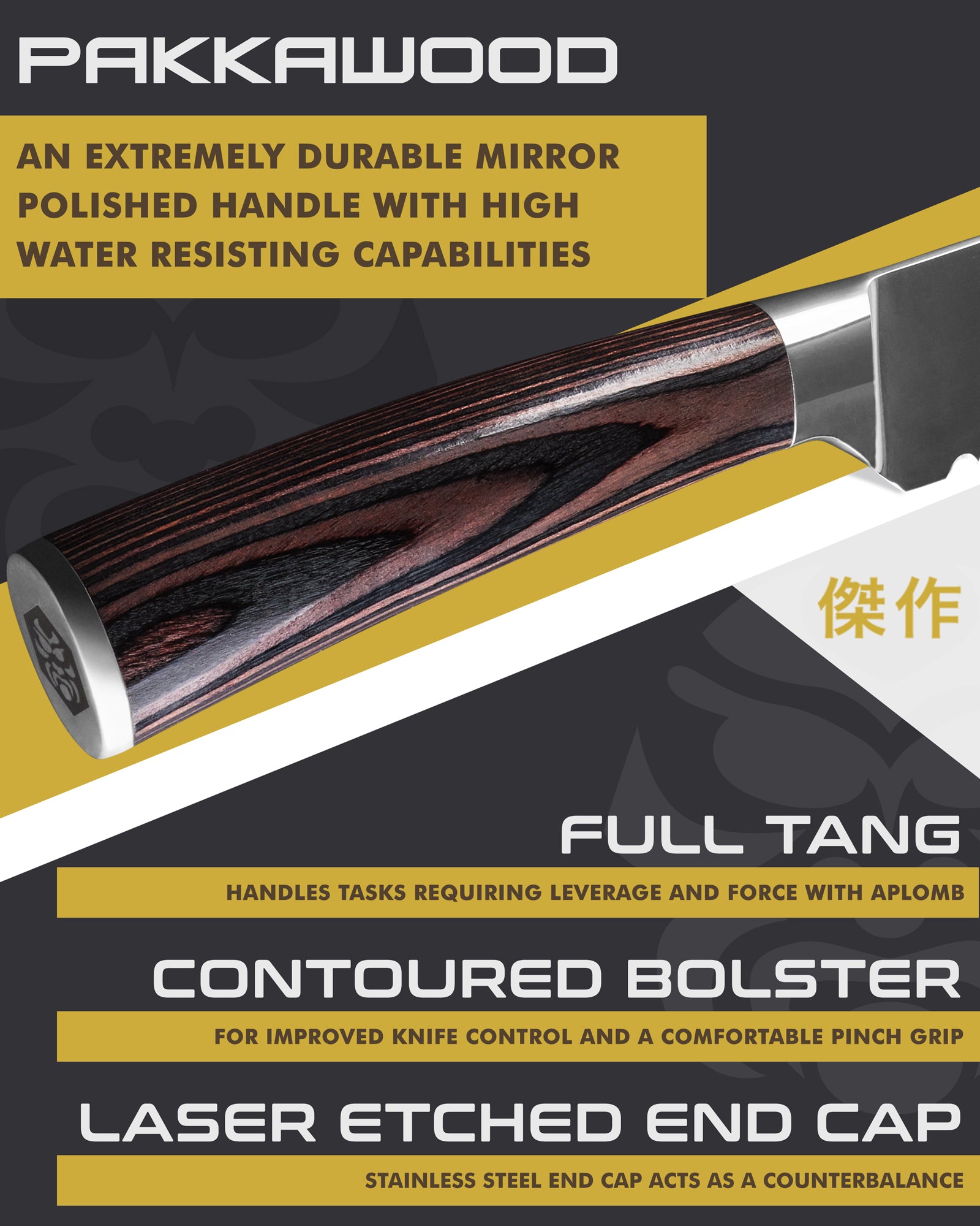 Kessaku Samurai Serrated Carving Knife handle features: Pakkawood handle, full tang, contoured bolster, laser etched end cap