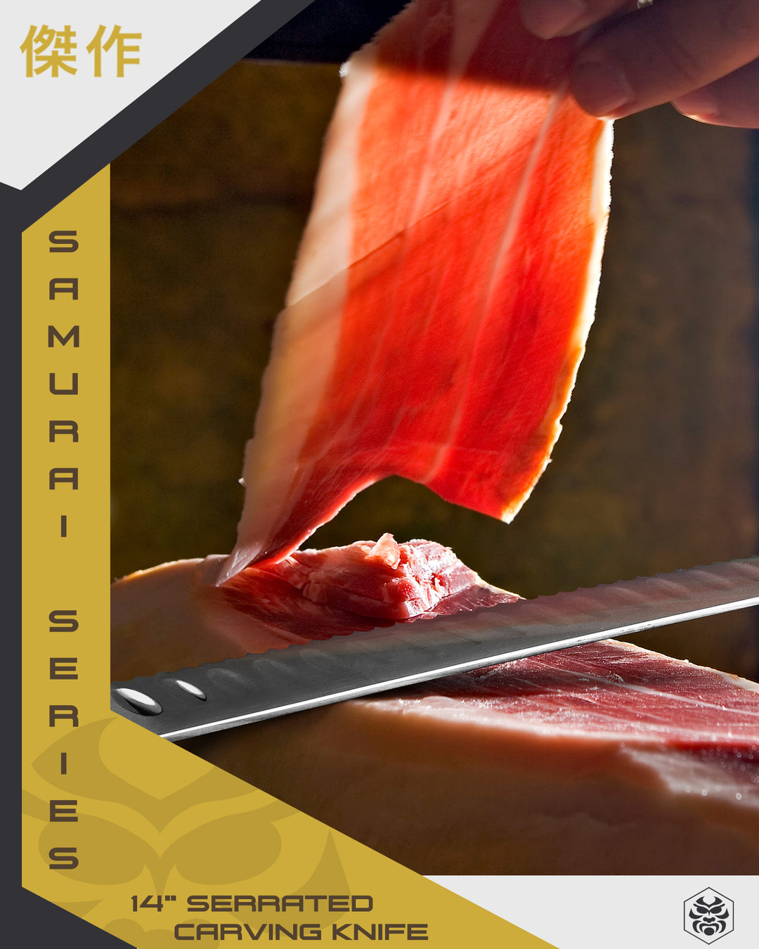 A slice of jamon thin enough to see light passing through it thanks to the Samurai Serrated Carving Knife