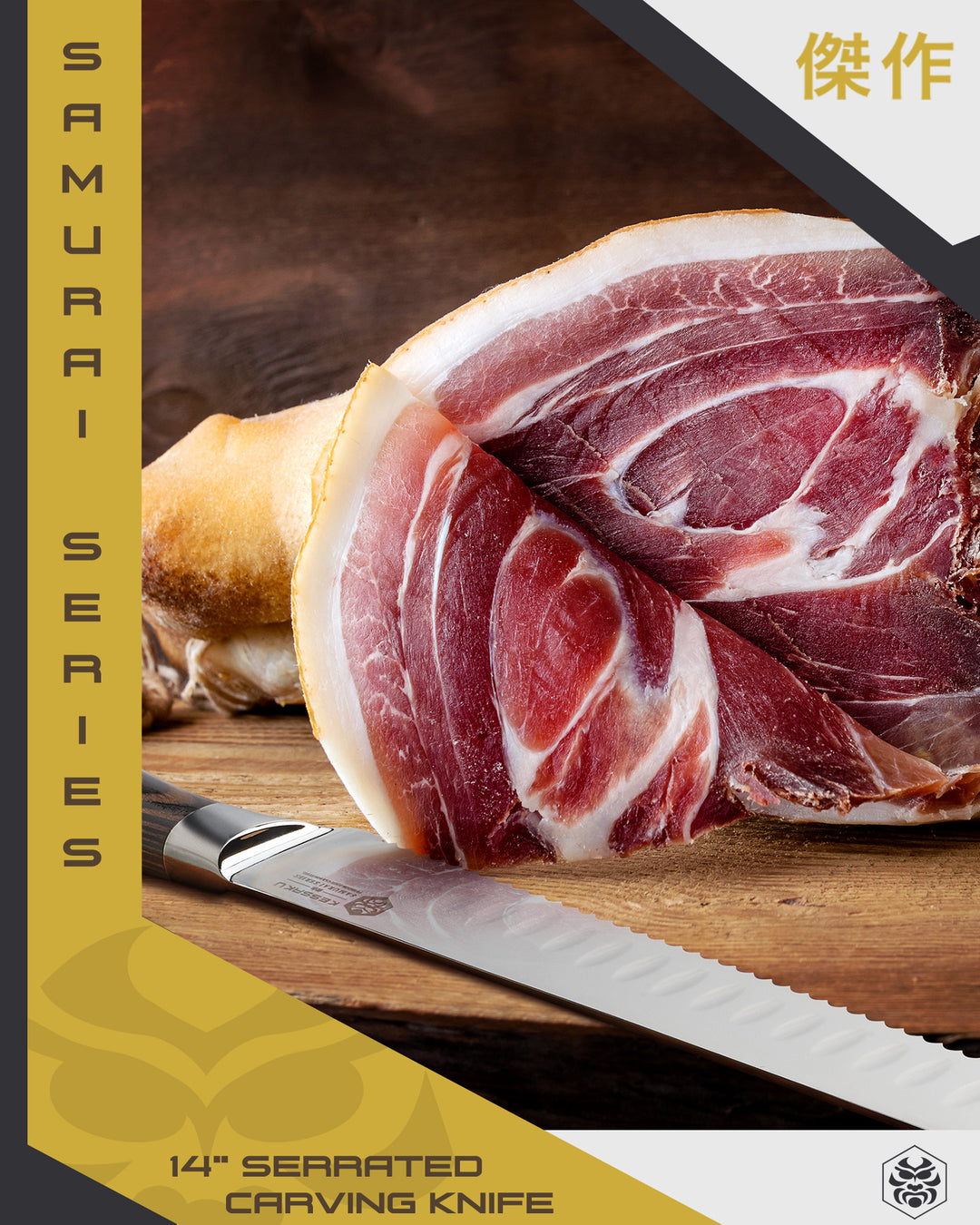 jamon sliced to show its marbling with the serrated carving knife