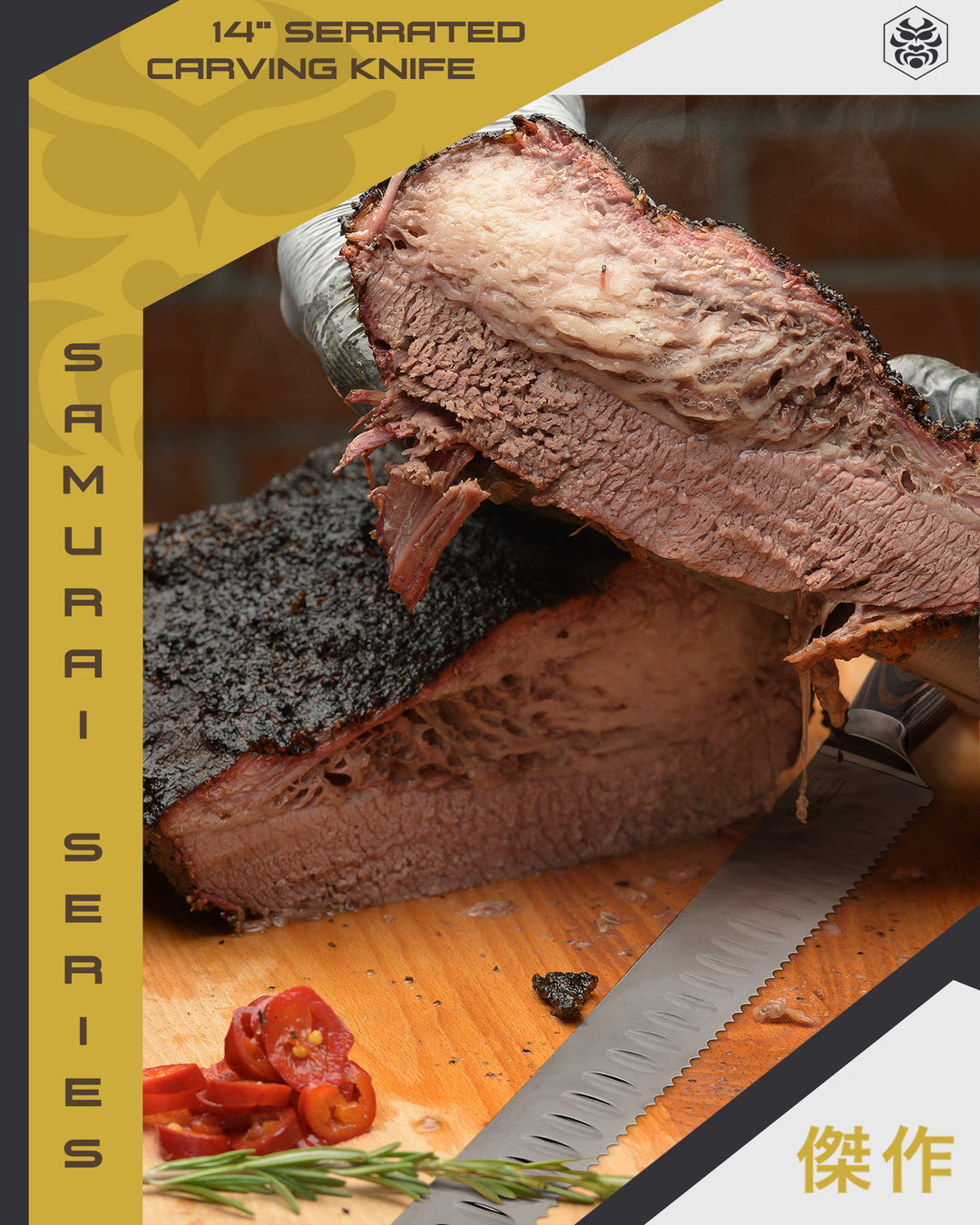 A pitmaster shows off a brisket sliced with the serrated carving knife