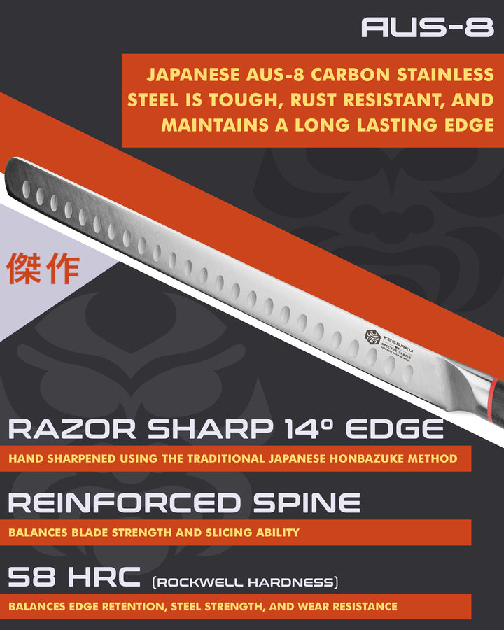 Kessaku Spectre Carving Knife blade features: AUS-8 steel, 58 HRC, 14 degree edge, reinforced spine