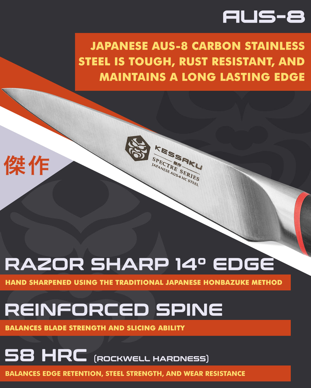 Kessaku Spectre Paring Knife blade features: AUS-8 steel, 58 HRC, 14 degree edge, reinforced spine