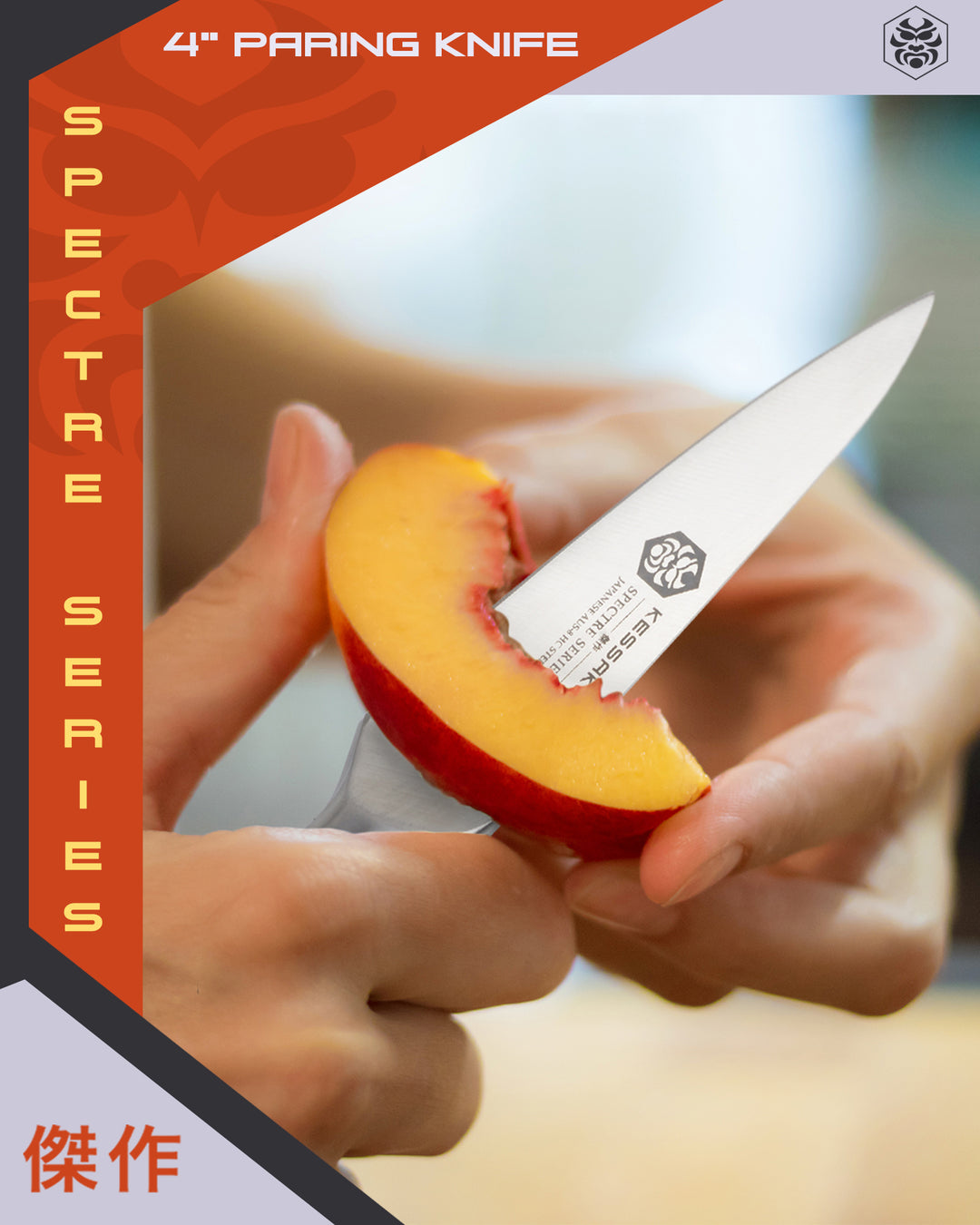 A woman slices a peach with the Spectre Paring Knife