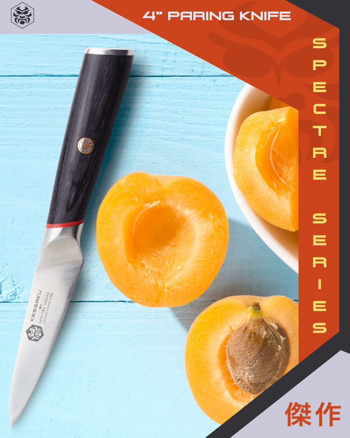 The Spectre Paring Knife with sliced peaches