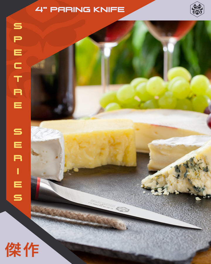 The Spectre Series Paring knife amongst soft cheeses, green grapes, and red wine