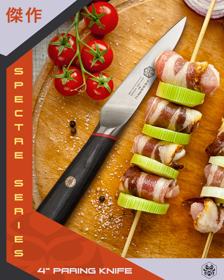 The Spectre Paring Knife with cherry tomatoes, skewered bacon and celery on a cutting board