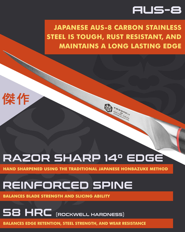 Kessaku Spectre Fillet Knife blade features: AUS-8 steel, 58 HRC, 14 degree edge, reinforced spine