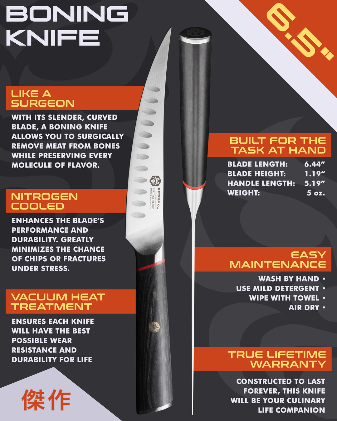 Kessaku Spectre Boning Knife uses, dimensions, maintenance, warranty info, and additional blade treatments