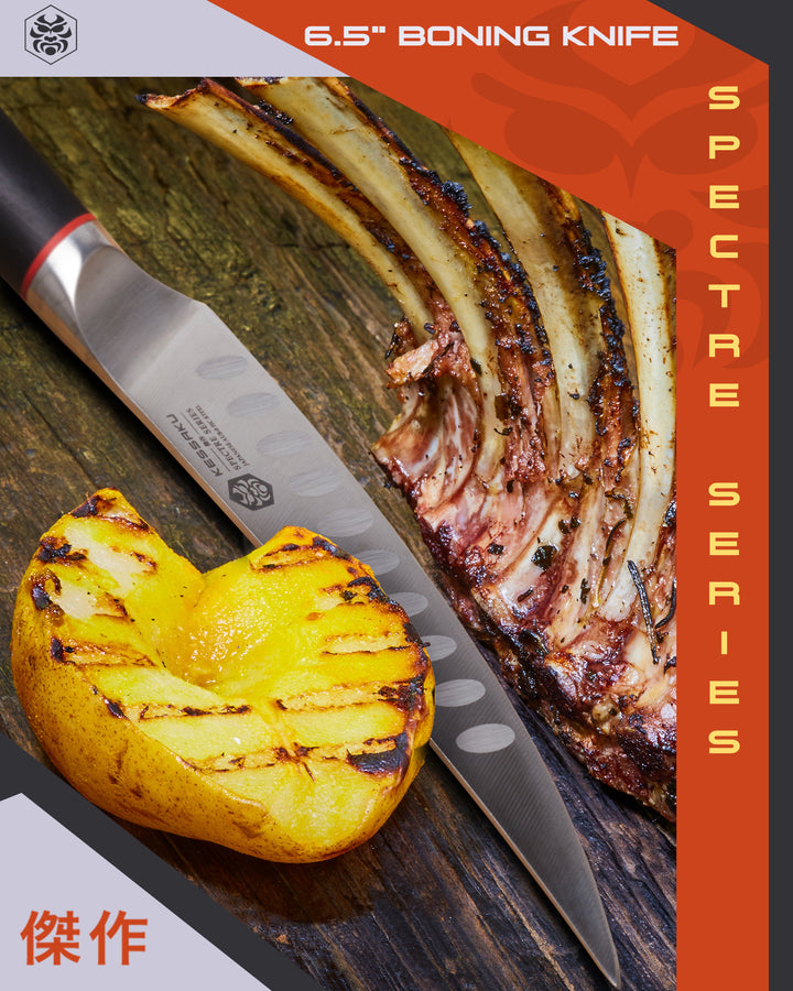 The Spectre Boning Knife with a small rack of french rack of lamb and a grilled potato