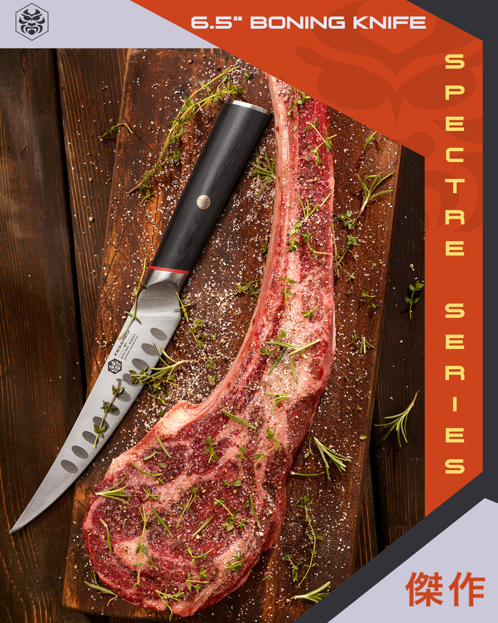 A large, seasoned beef rib on a cutting board with the Spectre Boning Knife