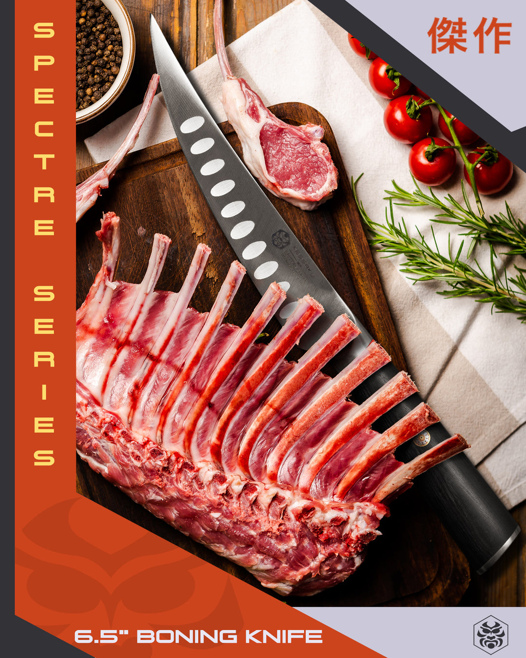 The Spectre Boning Knife used for frenching a rack of lamb