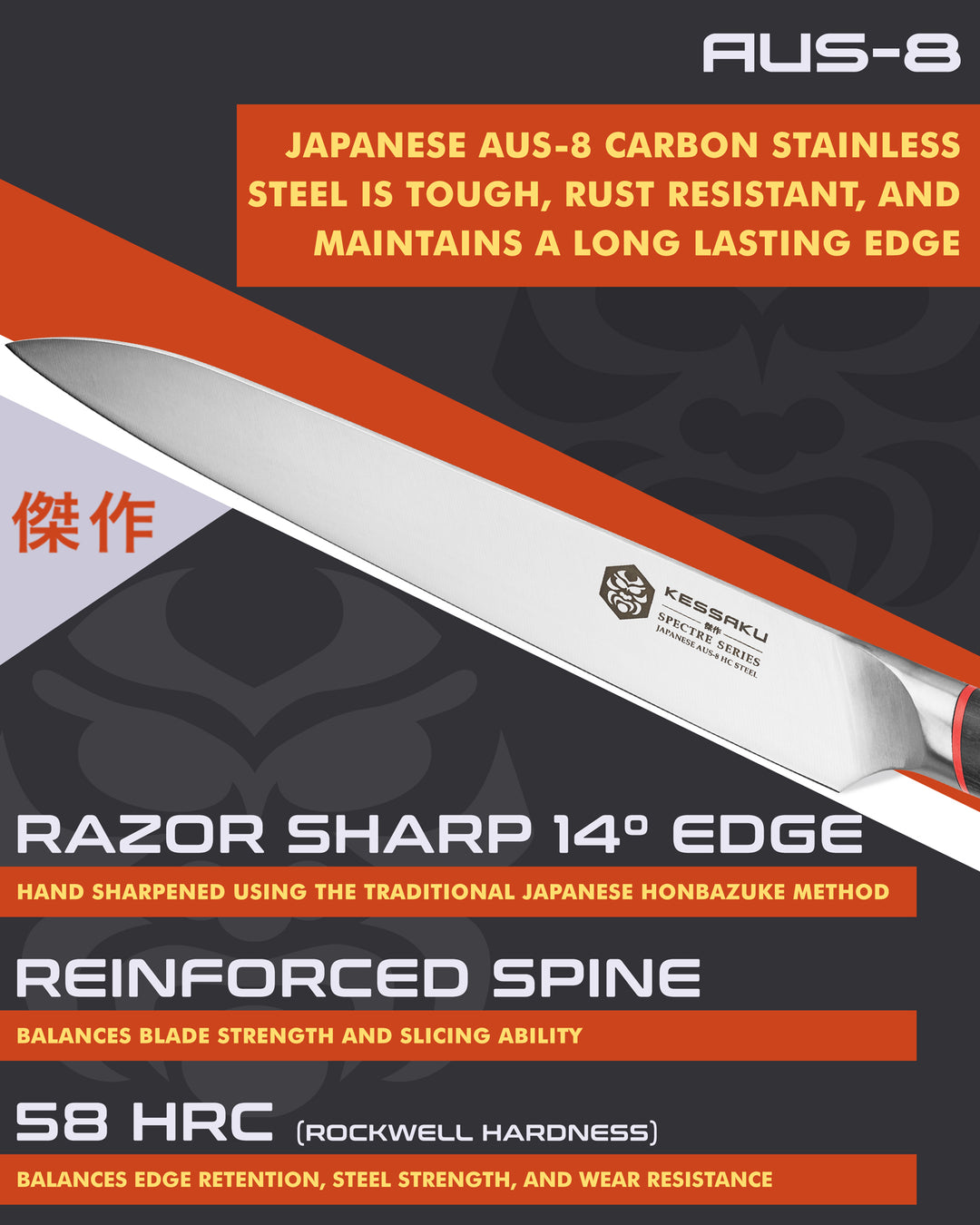 Kessaku Spectre Slicing Knife blade features: AUS-8 steel, 58 HRC, 14 degree edge, reinforced spine