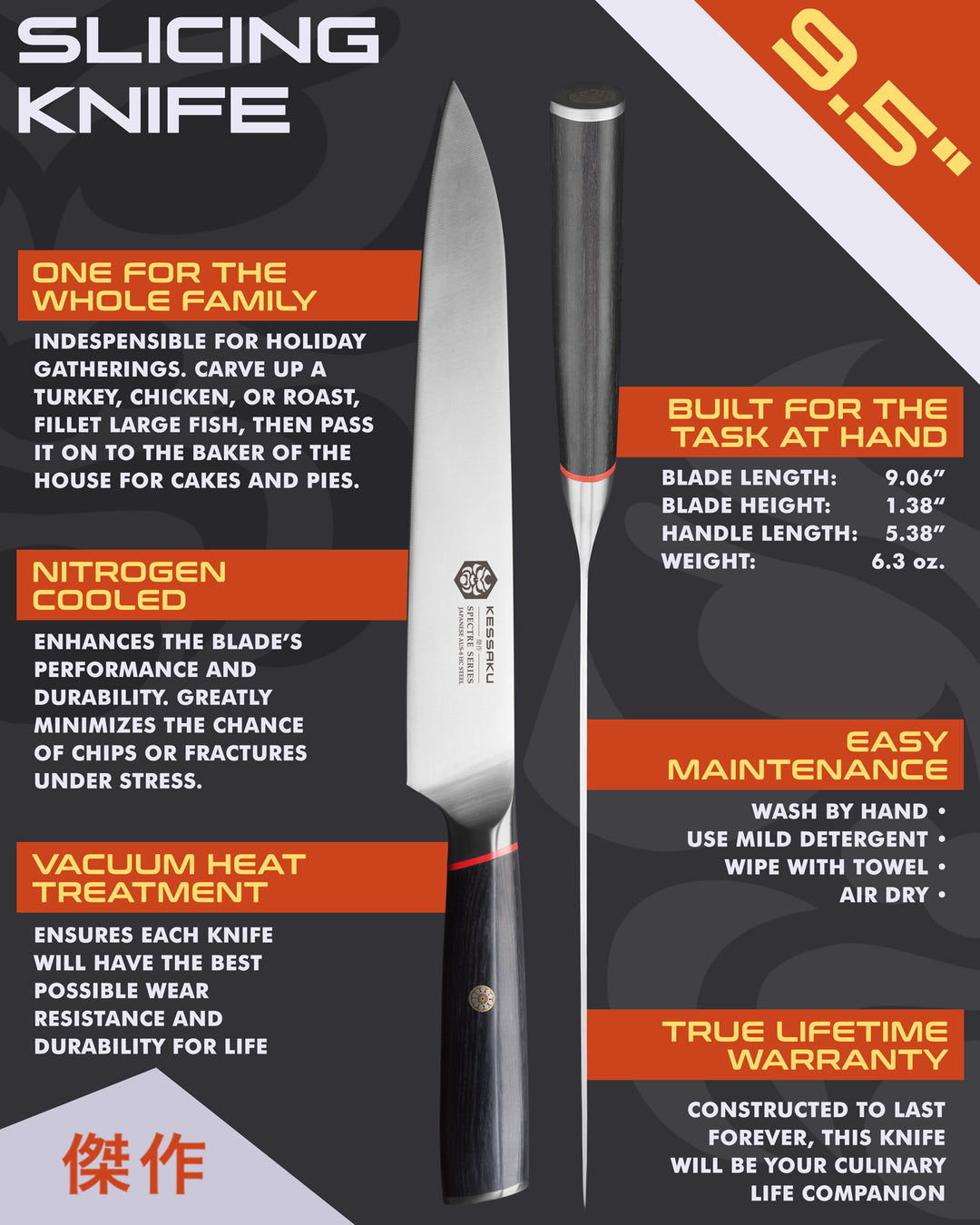 Kessaku Spectre 9.5-In. Slicing Knife uses, dimensions, maintenance, warranty info, and additional blade treatments