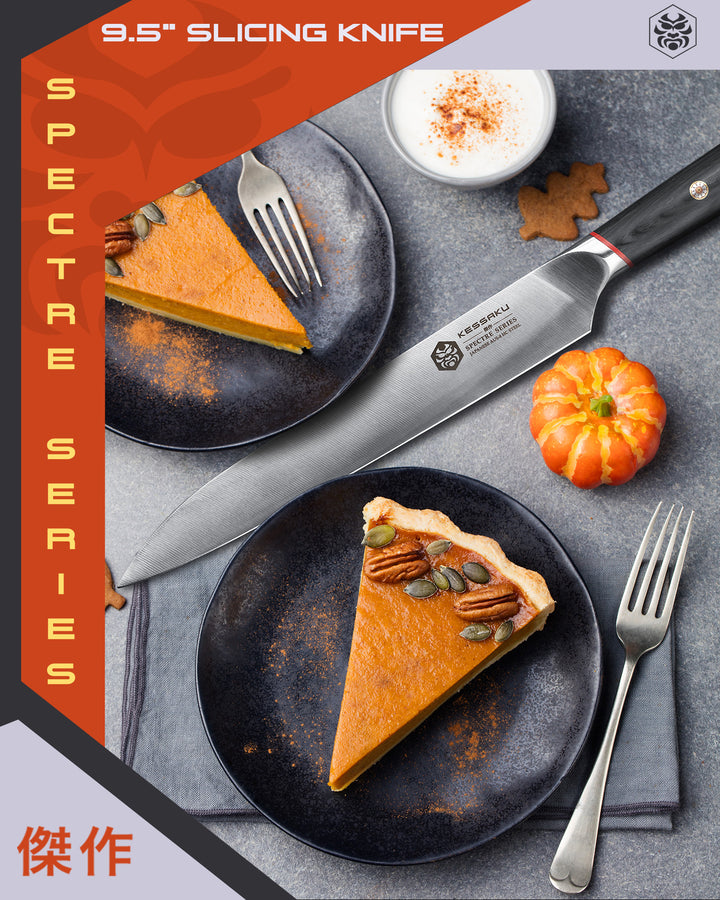 The Spectre Series Slicing Knife used to slice and serve pumpkin pie.