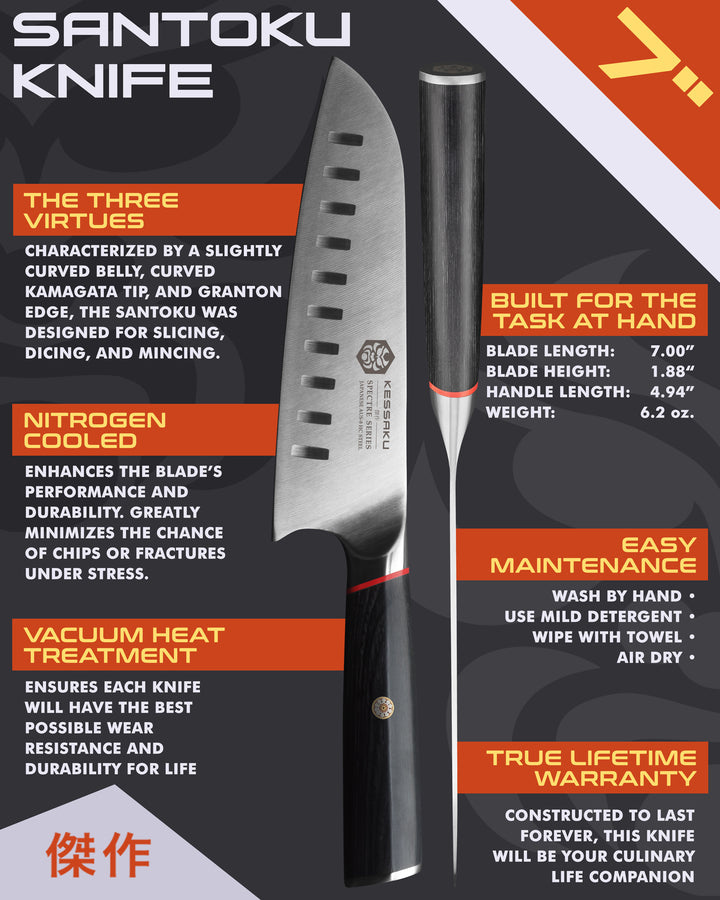 Kessaku Spectre Santoku Knife uses, dimensions, maintenance, warranty info, and additional blade treatments
