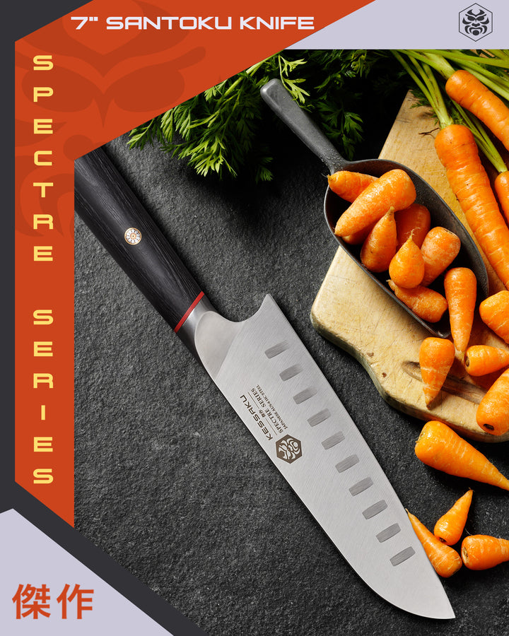 The Spectre Santoku ready to slice a bunch of carrots.