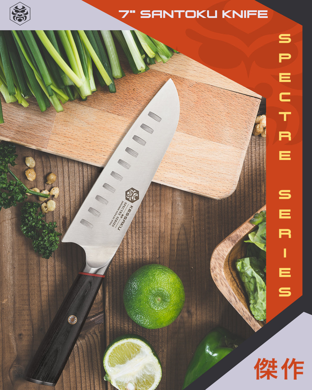 The Spectre Santoku Knife on a cutting board with green peppers, limes, green onions, and leafy greens.