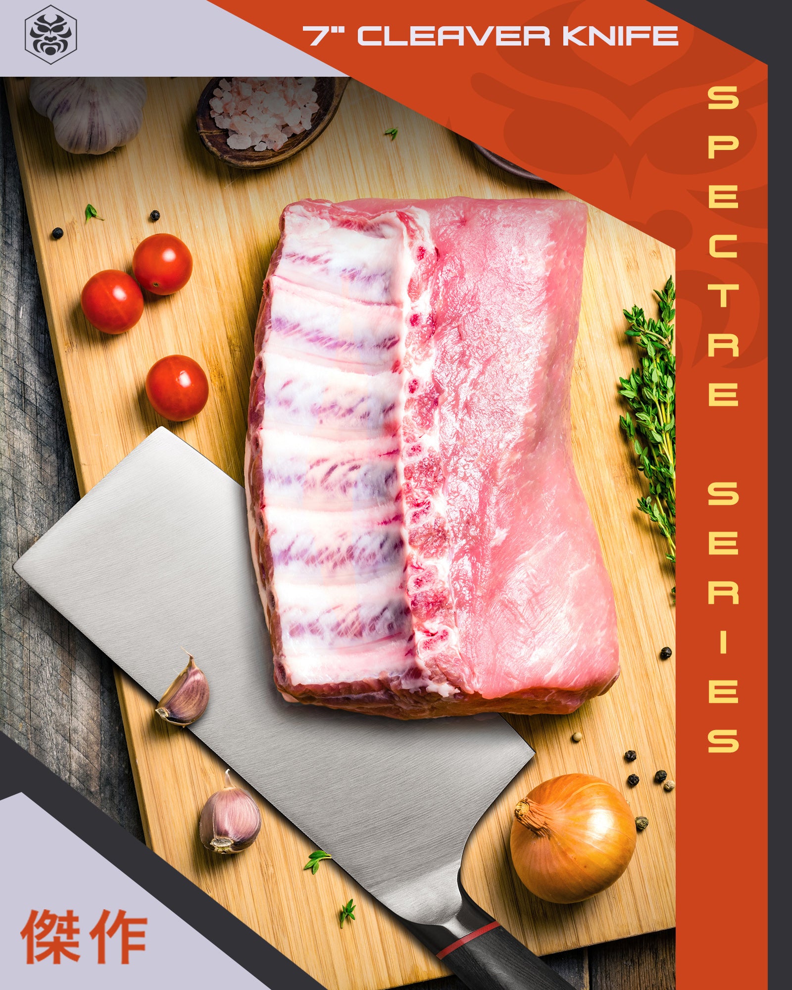 The Spectre Cleaver on a cutting board with a trimmed pork rack, garlic, cherry tomatoes, and herbs