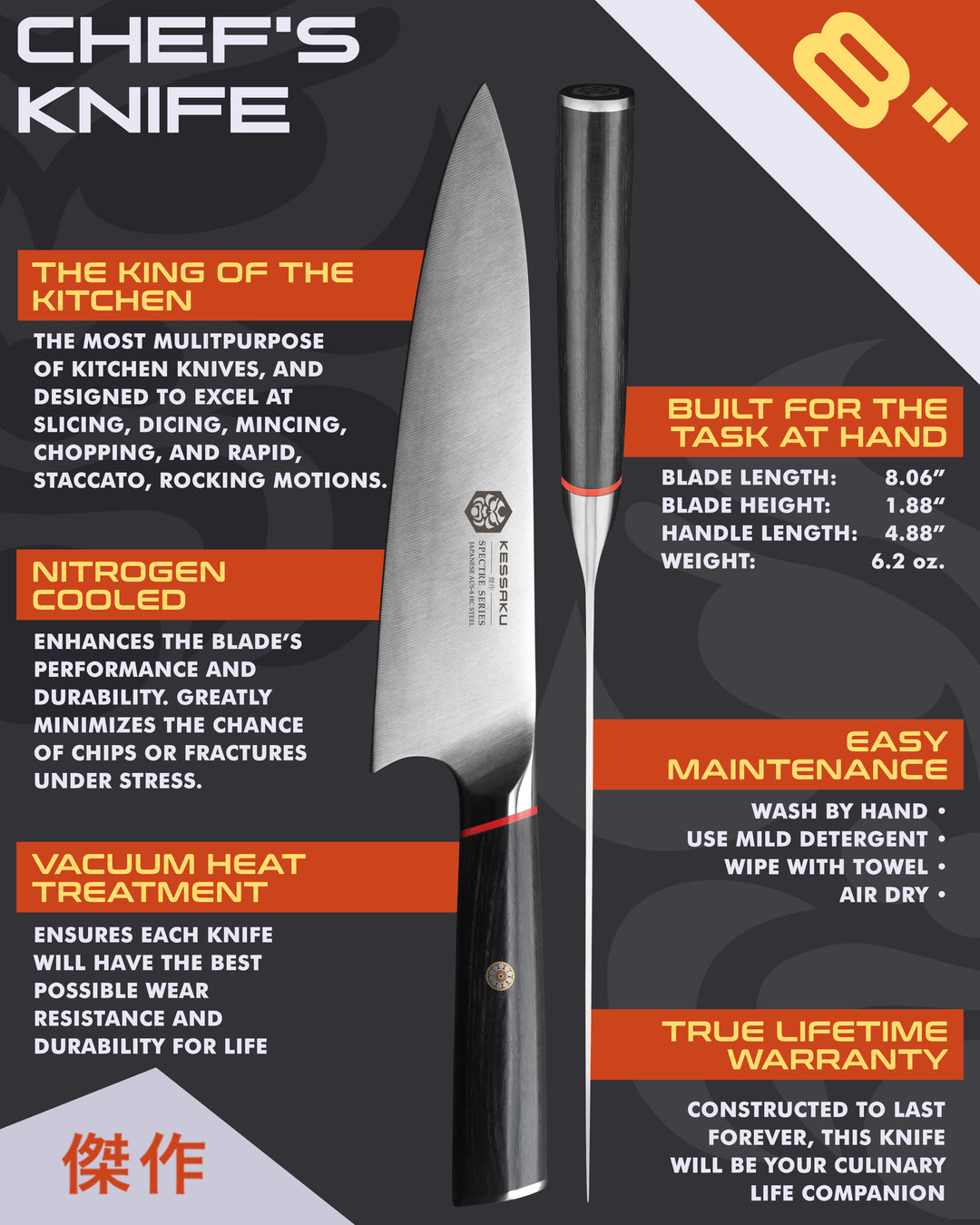 Kessaku Spectre Chef's Knife uses, dimensions, maintenance, warranty info, and additional blade treatments