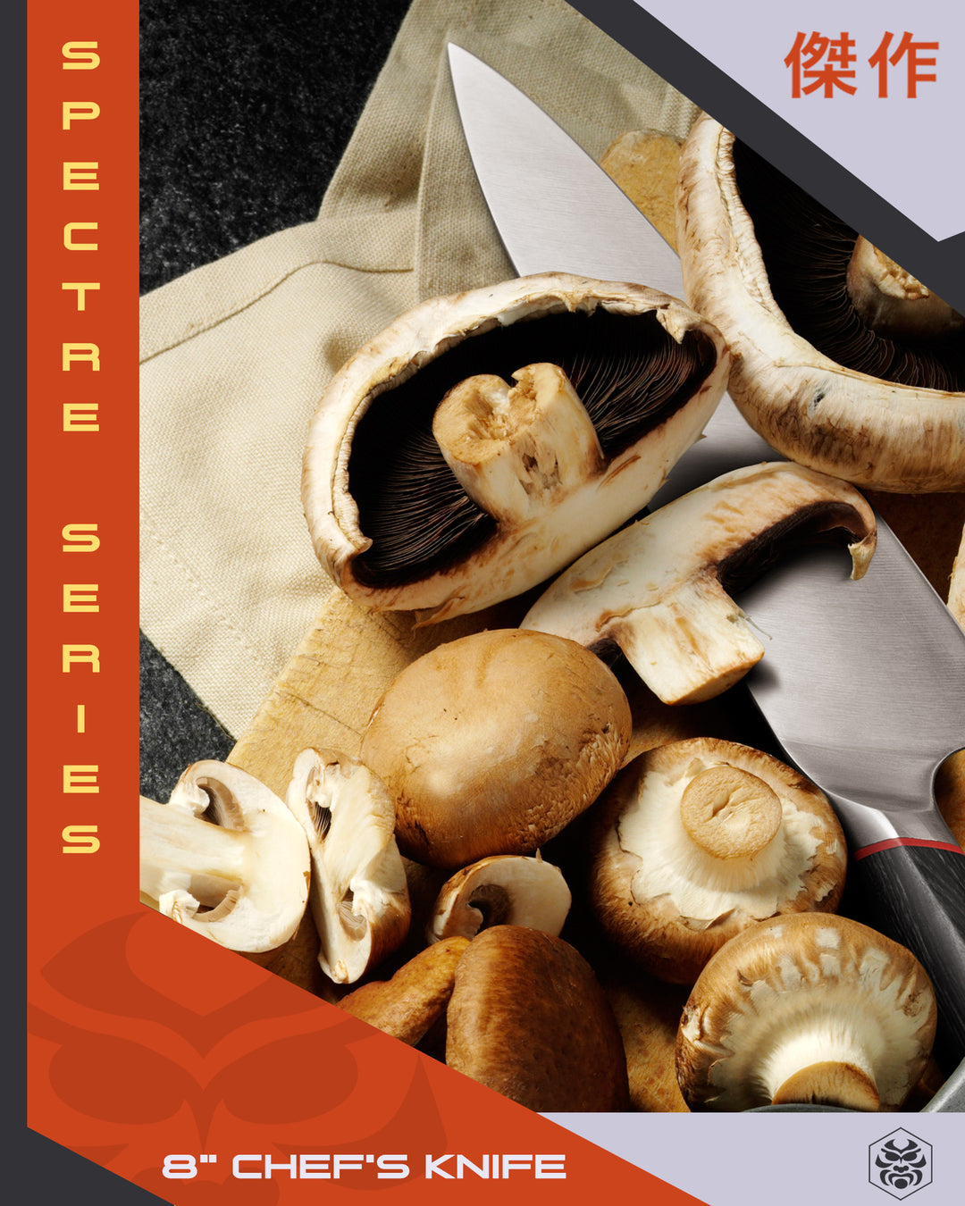 The Spectre Chef's Knife among sliced mushrooms.