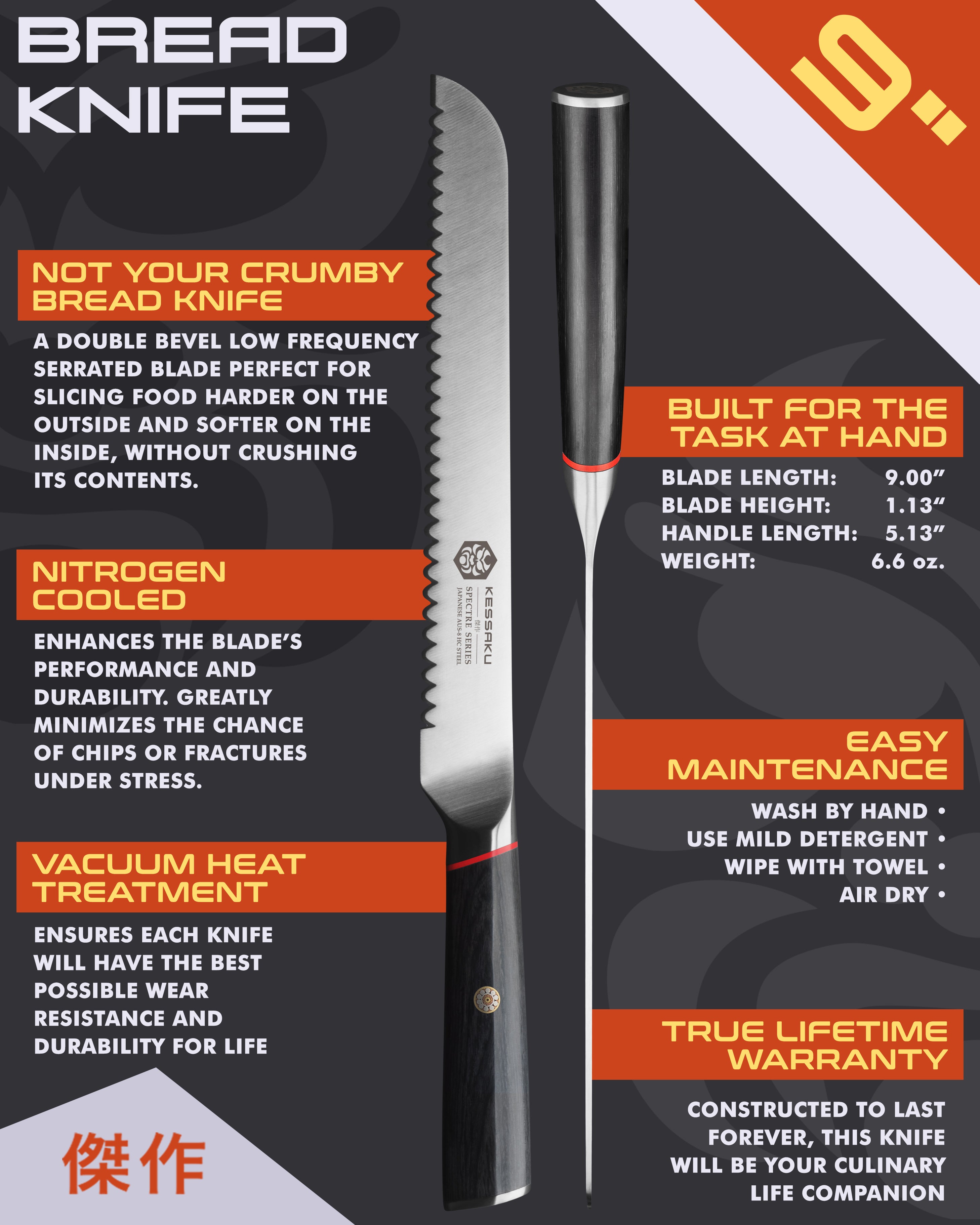 Kessaku Spectre Bread Knife uses, dimensions, maintenance, warranty info, and additional blade treatments