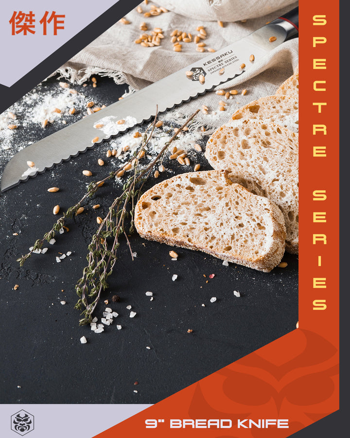 The Spectre Bread Knife with sliced bread, rosemary, grains, and flour