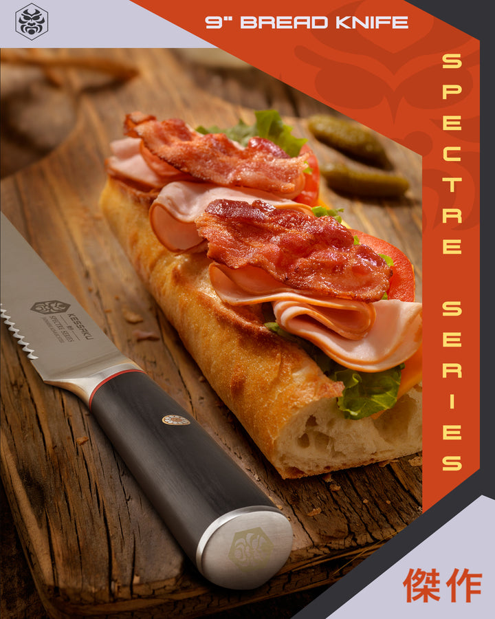 The Spectre Bread Knife after slicing an open faced sandwich with cheese, tomato, turkey, and bacon
