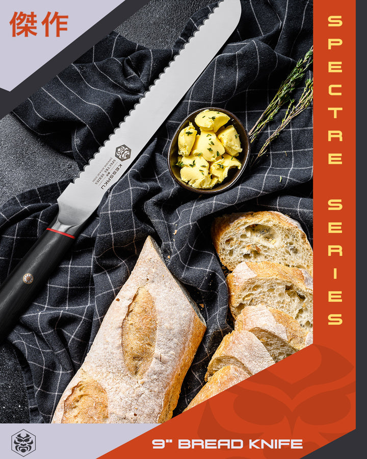 The Spectre Bread Knife with a sliced baguette, and cup of seasoned butter pads