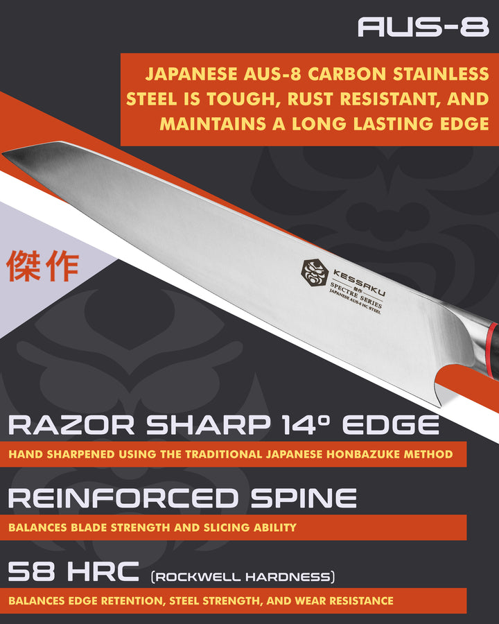 Kessaku Spectre K-Tip Chef's Knife blade features: AUS-8 steel, 58 HRC, 14 degree edge, reinforced spine