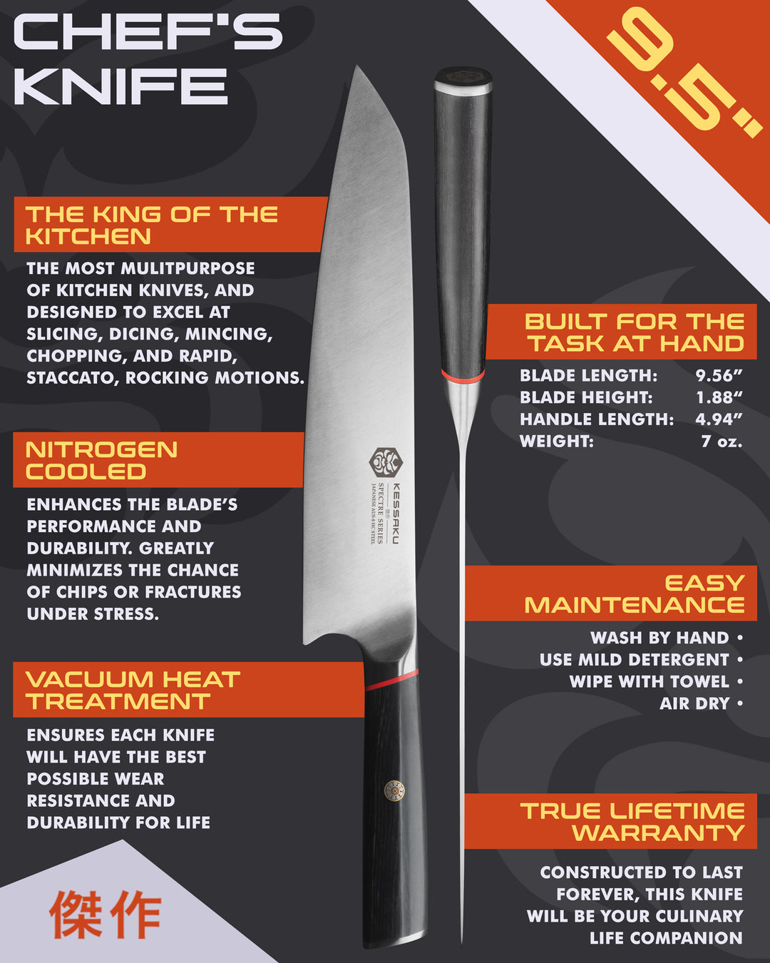 Kessaku Spectre 9.5-In. Chef's Knife uses, dimensions, maintenance, warranty info, and additional blade treatments
