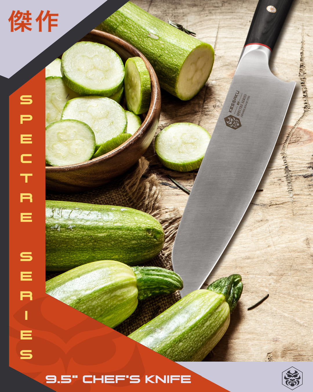 The Spectre K-Tip Chef's Knife next to sliced zucchini