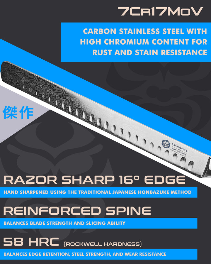 Kessaku Ronin Carving Knife blade features: 7Cr17MoV steel, 58 HRC, 16 degree edge, reinforced spine