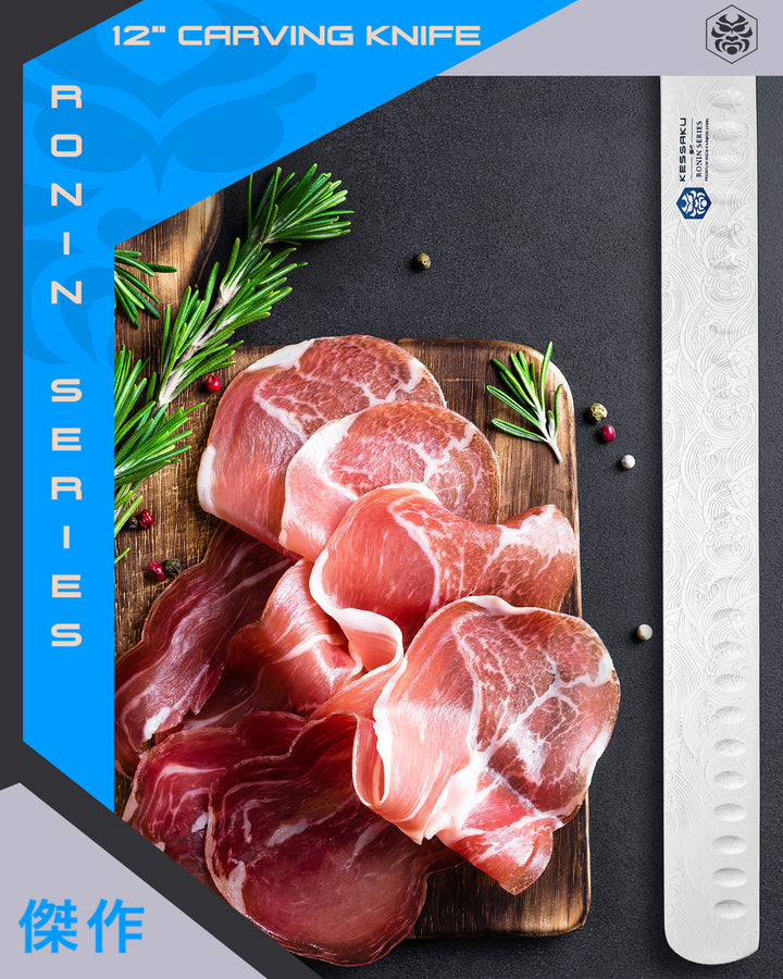 Ultra thin slices of jamon on a cutting board next to the Ronin Series Carving Knife