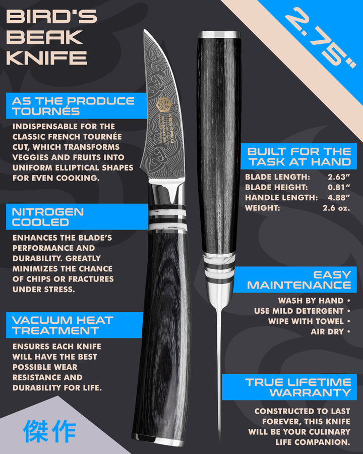 Kessaku Ronin Series Tourne Knife uses, dimensions, maintenance, warranty info, and additional blade treatments