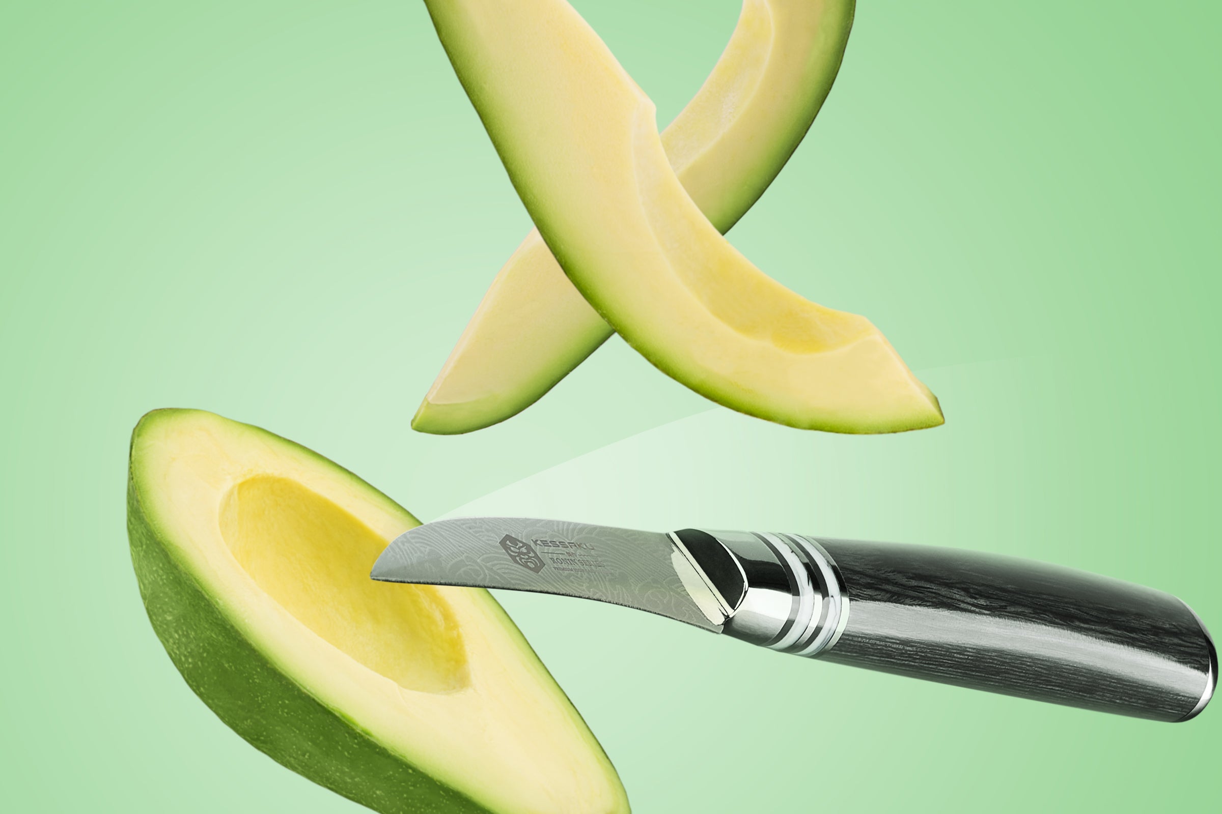 The Ronin Bird's Beak Knife pitting and slicing an avocado.