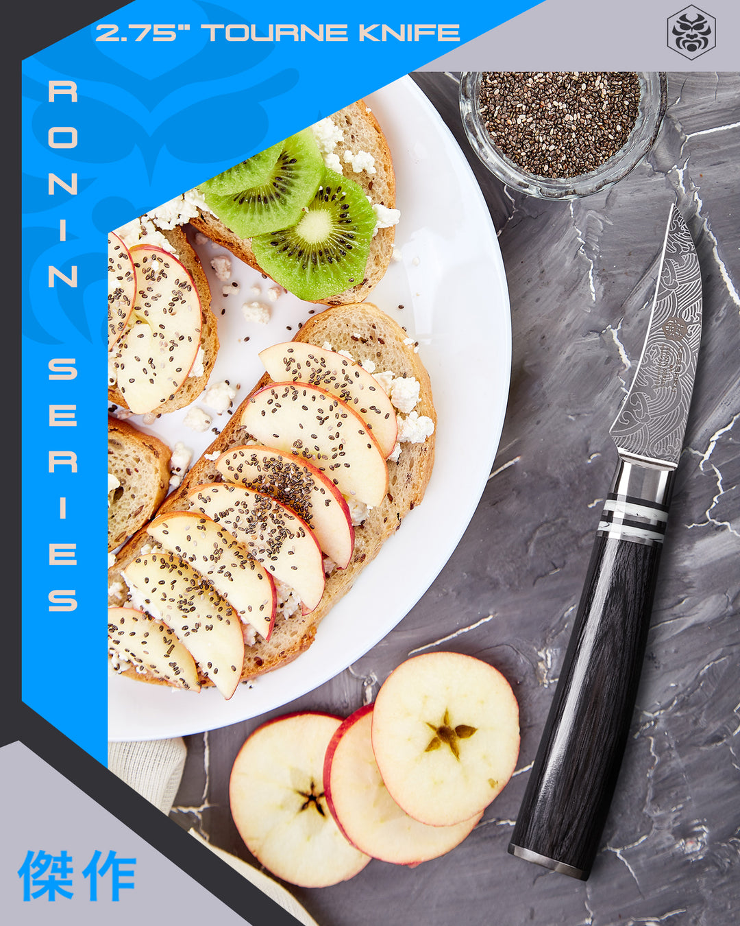 The Ronin Tourne Knife with sliced apples and kiwi on toast with feta