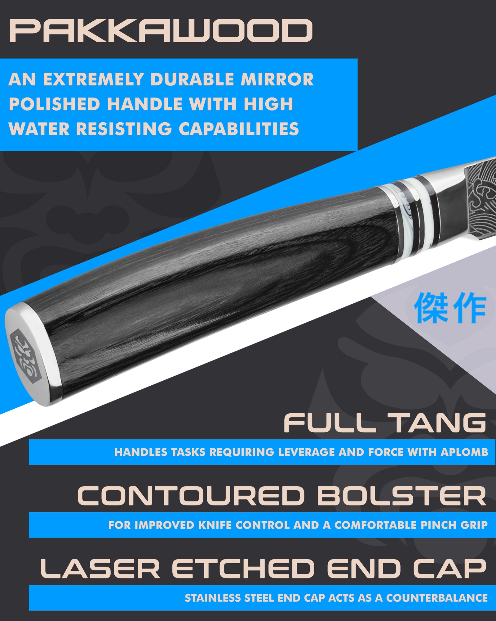 Kessaku Ronin Paring Knife handle features: Pakkawood handle, full tang, contoured bolster, laser etched end cap