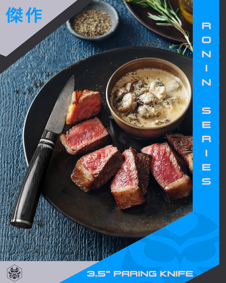 The Ronin Paring Knife on a plate with chunks of steak