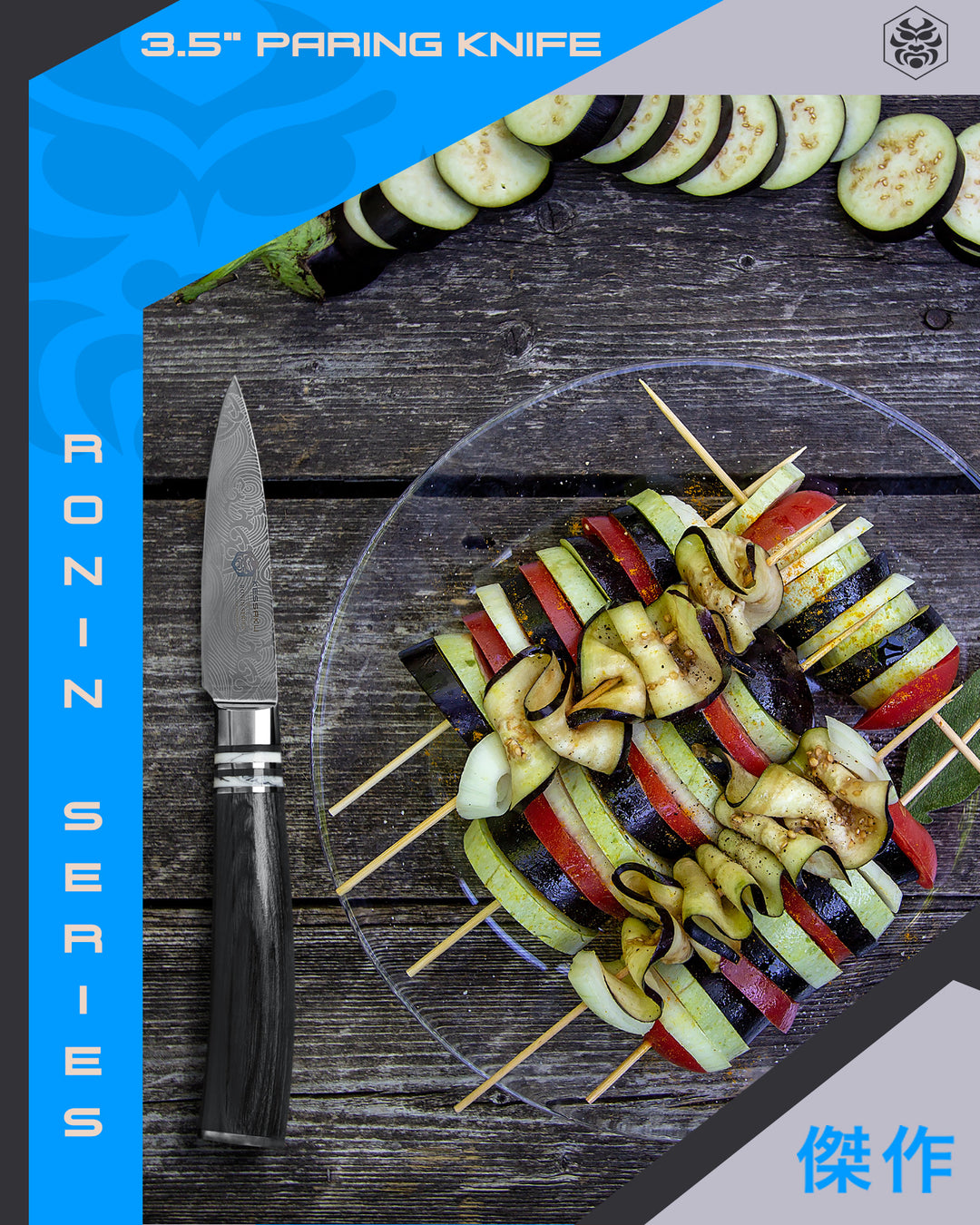 The Ronin Paring Knife and skewers of thinly sliced vegetables