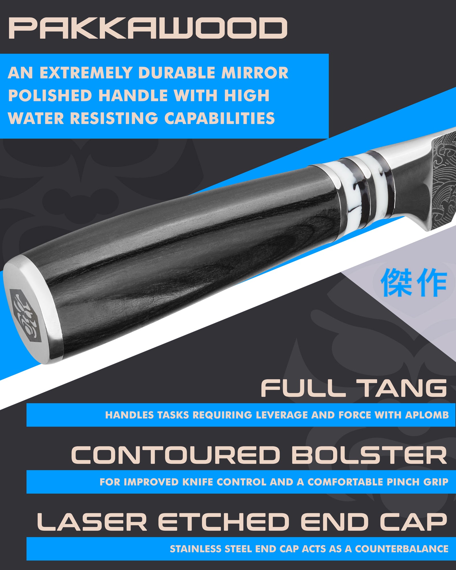 Kessaku Ronin Fillet Knife handle features: Pakkawood handle, full tang, contoured bolster, laser etched end cap