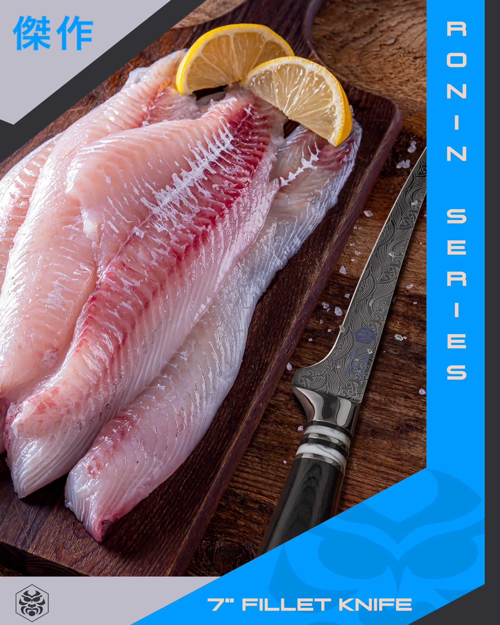 Lemon wedges, a number of fish filets, and the Ronin Fillet Knife