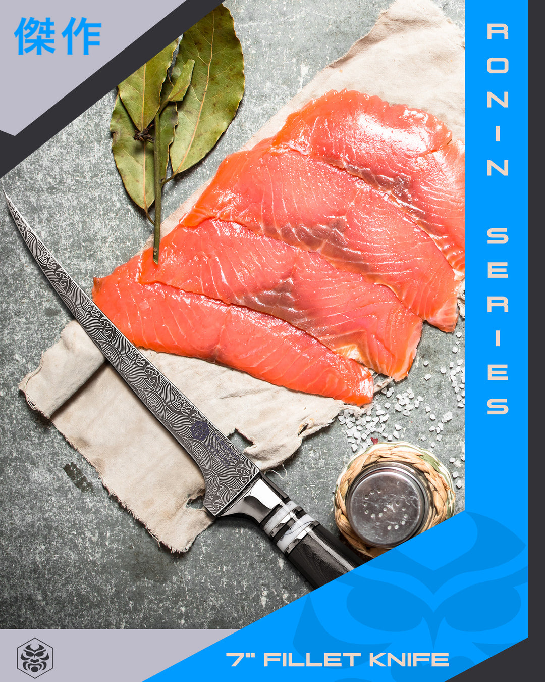 The Ronin FIllet knife with very thin slices of fish, and seasoning