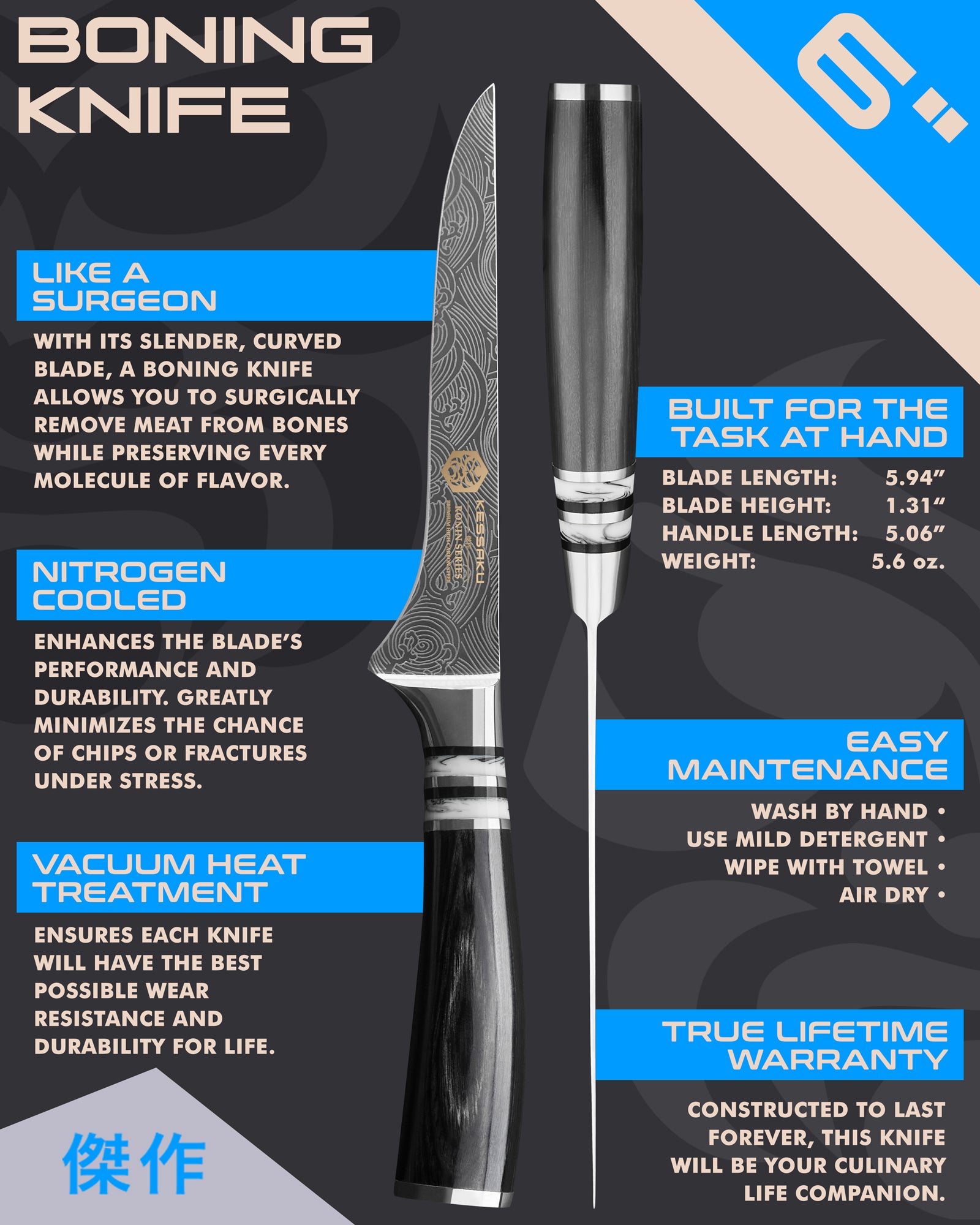 Kessaku Ronin Series Boning Knife uses, dimensions, maintenance, warranty info, and additional blade treatments