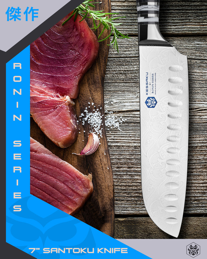 Two large cuts of tuna with the Ronin Santoku Knife