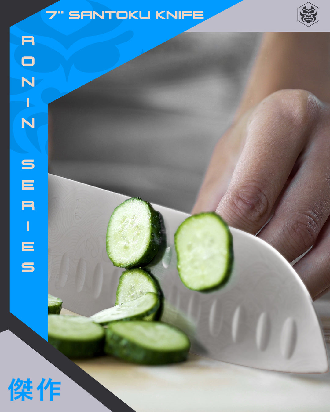 A chef slices cucumber with the Ronin Santoku Knife
