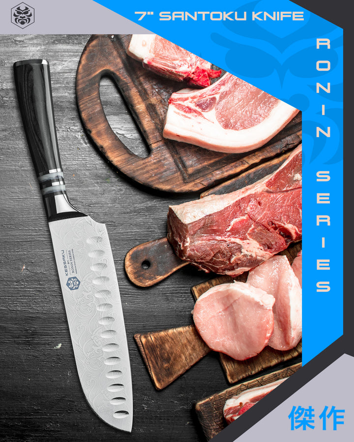 Various cuts of steak and pork next to the Ronin Santoku Knife