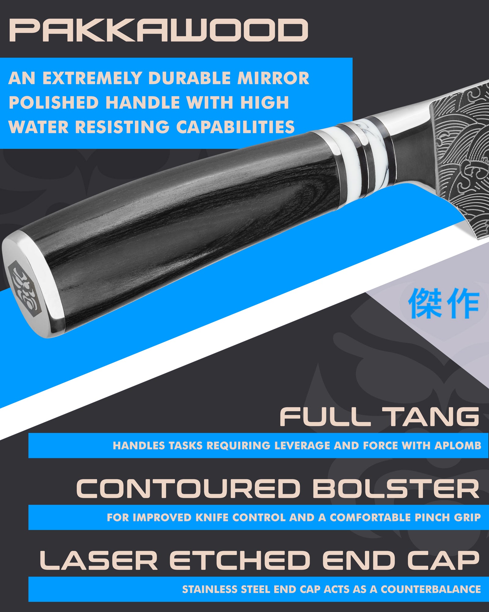 Kessaku Ronin Nakiri Knife handle features: Pakkawood handle, full tang, contoured bolster, laser etched end cap
