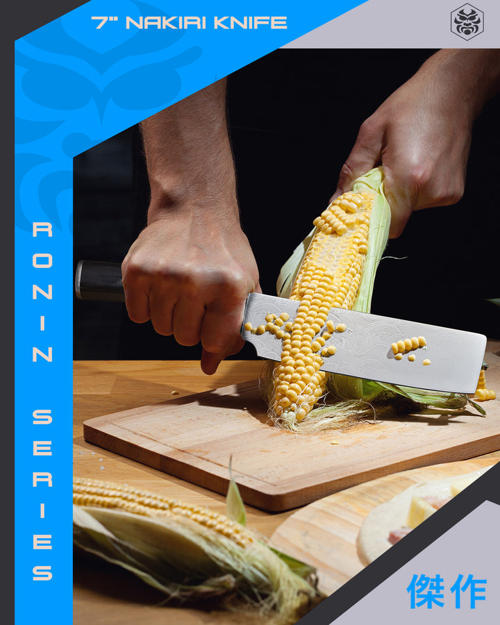 A chef removes corn kernels from its cob using the Ronin Nakiri