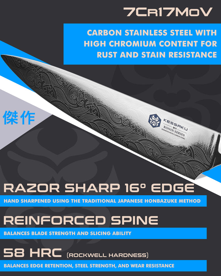 Kessaku Ronin Chef's Knife blade features: 7Cr17MoV steel, 58 HRC, 16 degree edge, reinforced spine