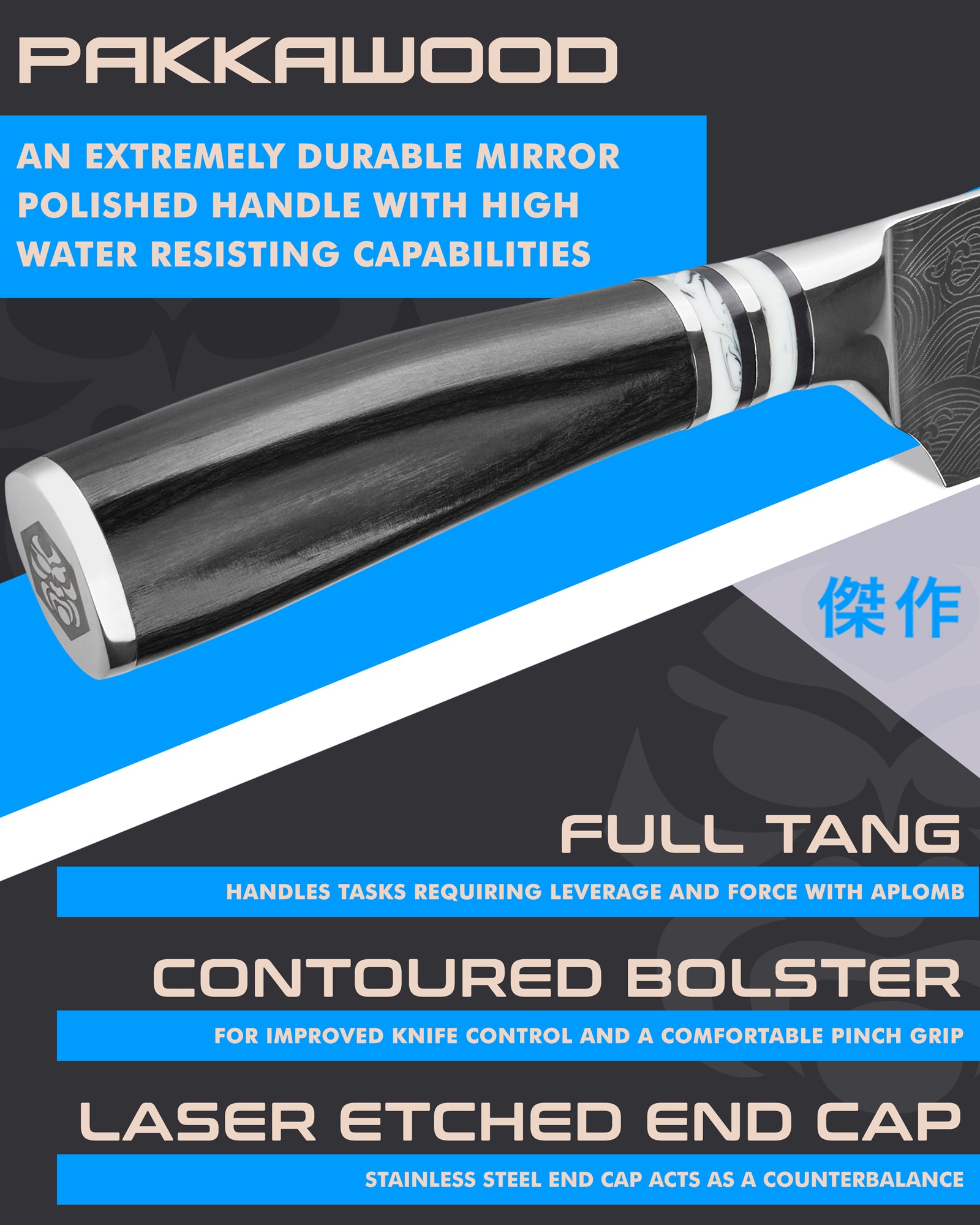 Kessaku Ronin Chef's Knife handle features: Pakkawood handle, full tang, contoured bolster, laser etched end cap